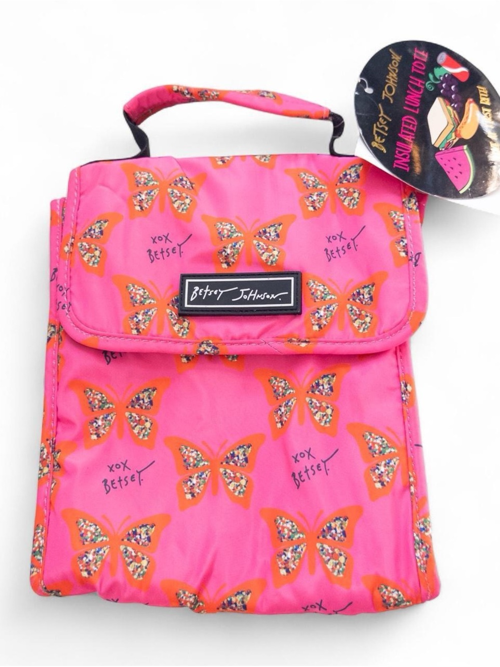 NWT Betsey Johnson Hot Pink Butterfly Insulated Lunch Bag Flap Top Lunch Tote